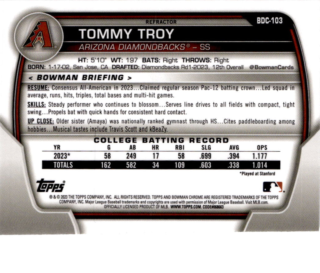 2023 Bowman Draft #BDC-103 Tommy Troy Chrome Refractor