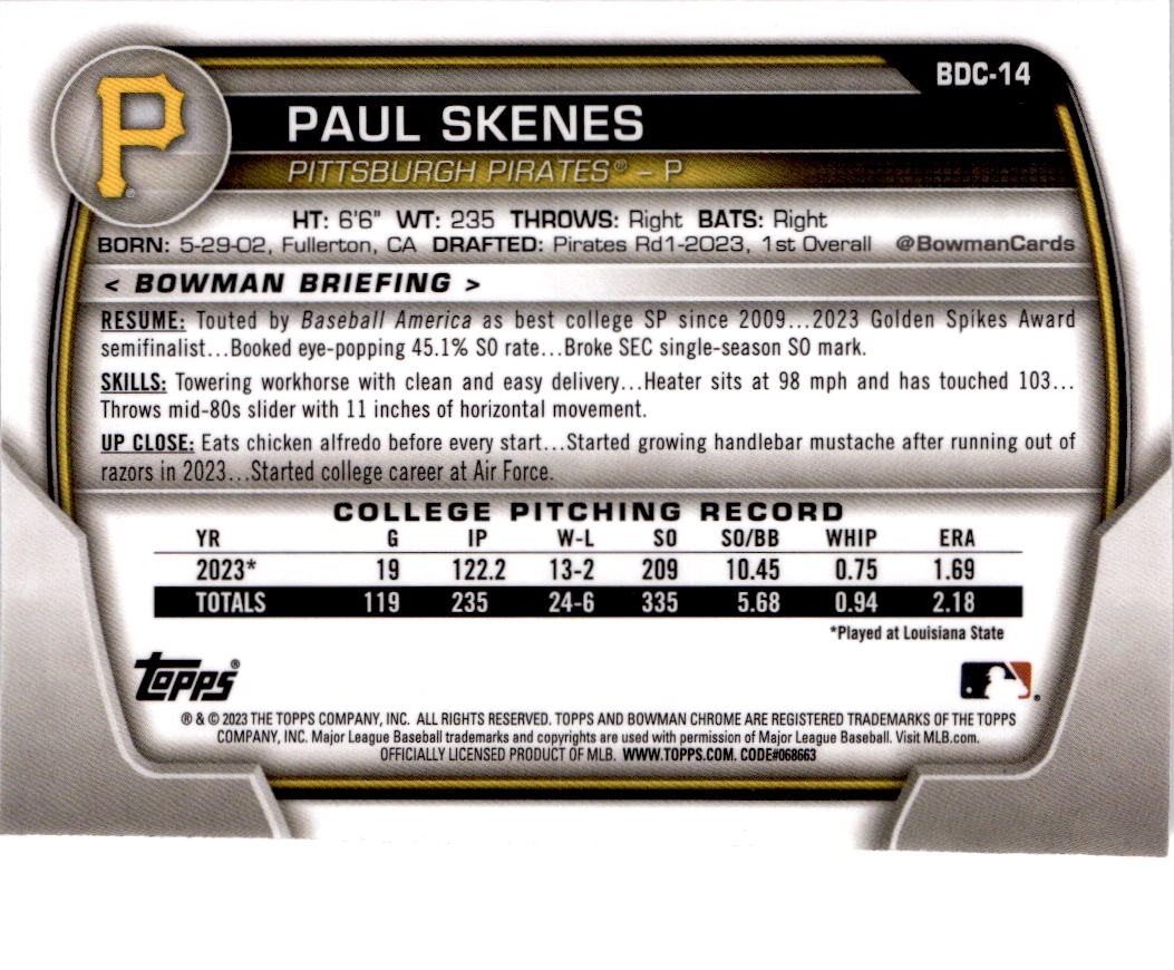 2023 Bowman Draft #BDC-14 Paul Skenes Chrome