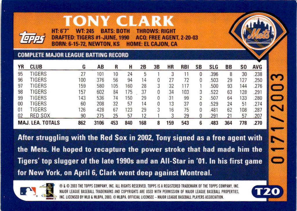 2003 Topps Traded & Rookies #T20 Tony Clark Gold #/2003