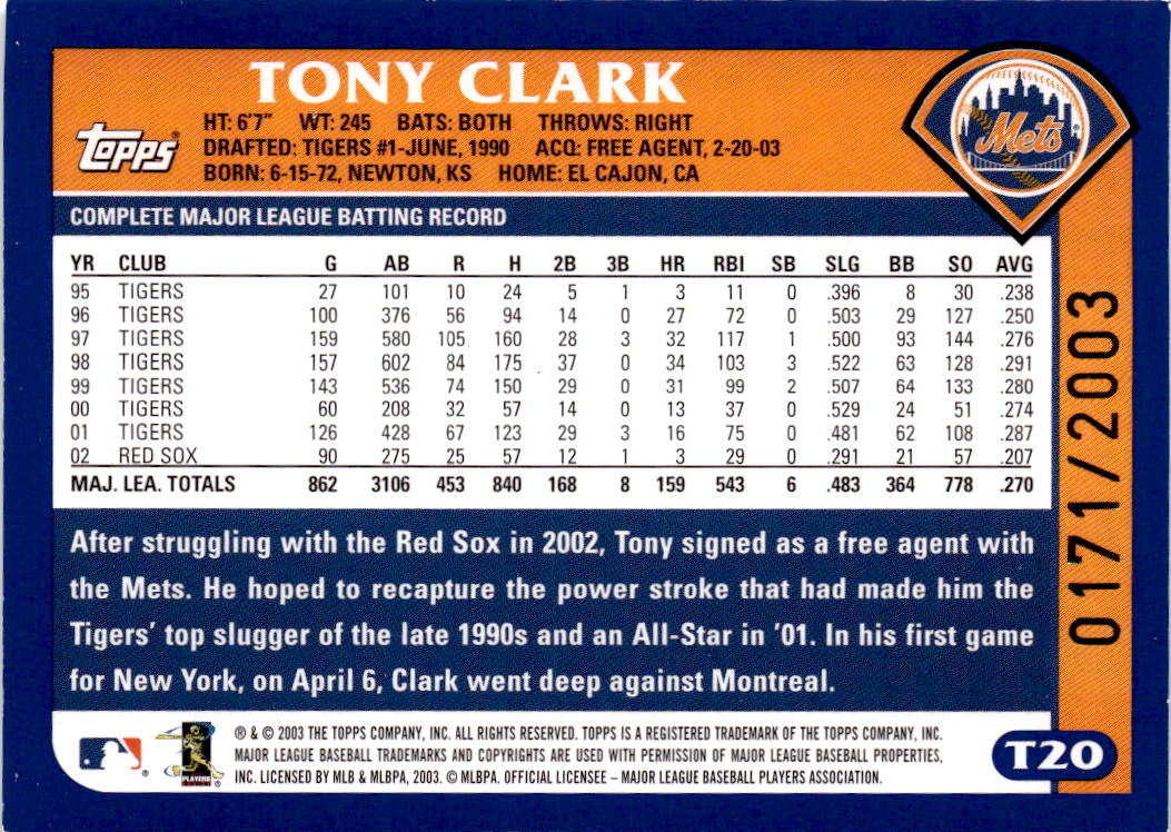2003 Topps Traded & Rookies #T20 Tony Clark Gold #/2003