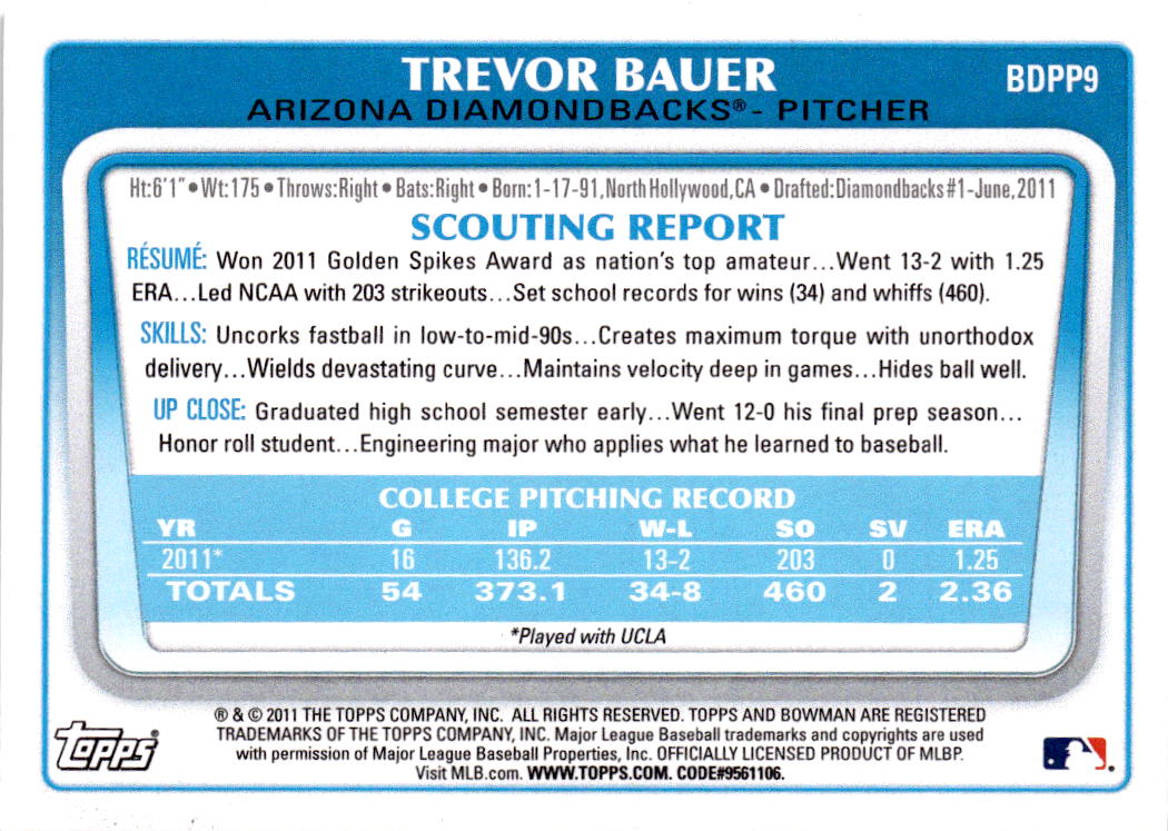 2011 Bowman Draft Picks & Prospects #BDPP9 Trevor Bauer Prospects Gold