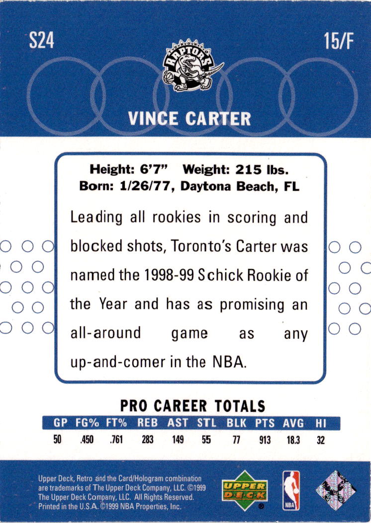 1999-00 Upper Deck Retro #S24 Vince Carter Old School/New School Parallel #/500