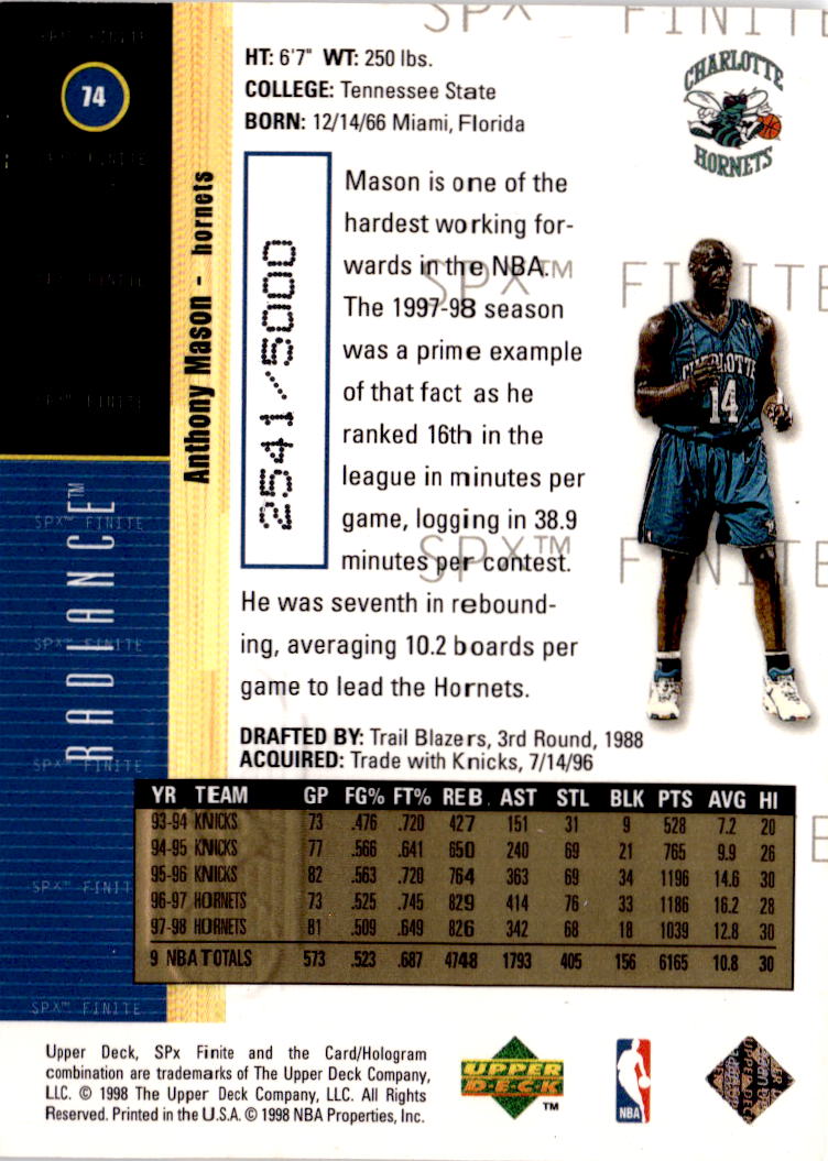 1998-99 SPx Finite #74 Anthony Mason Radiance #/5000