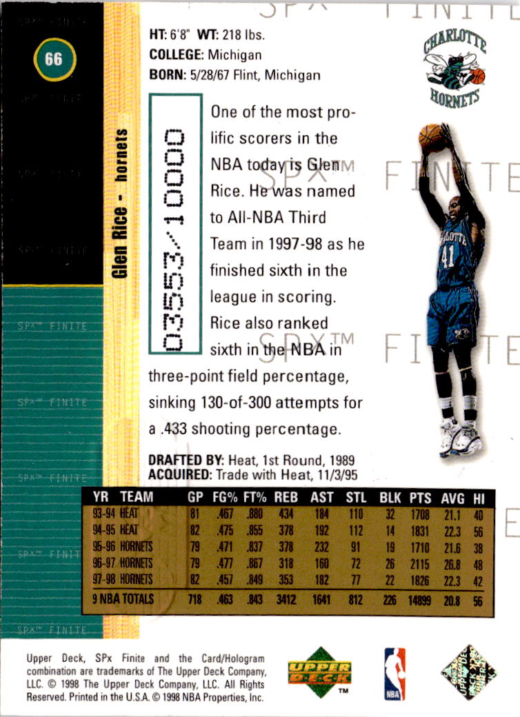 1998-99 SPx Finite #66 Glen Rice #/10000