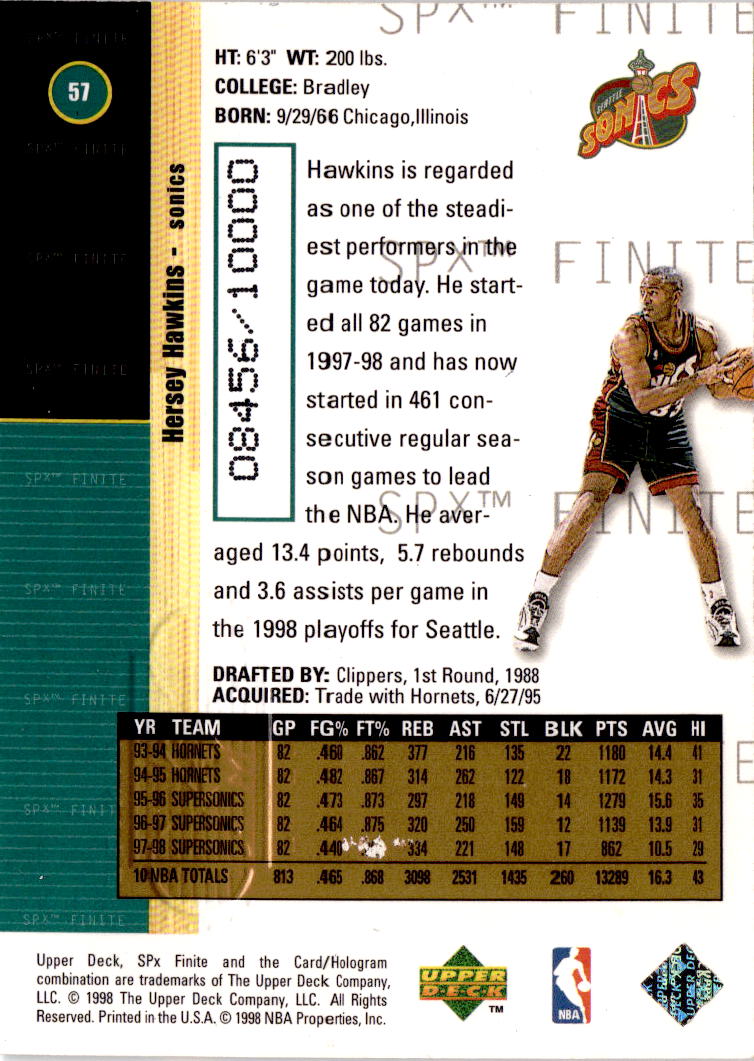 1998-99 SPx Finite #57 Hersey Hawkins #/10000