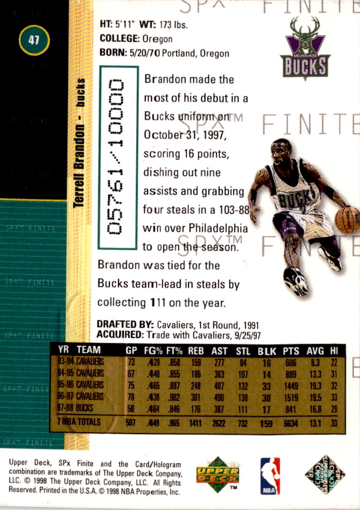 1998-99 SPx Finite #47 Terrell Brandon #/10000