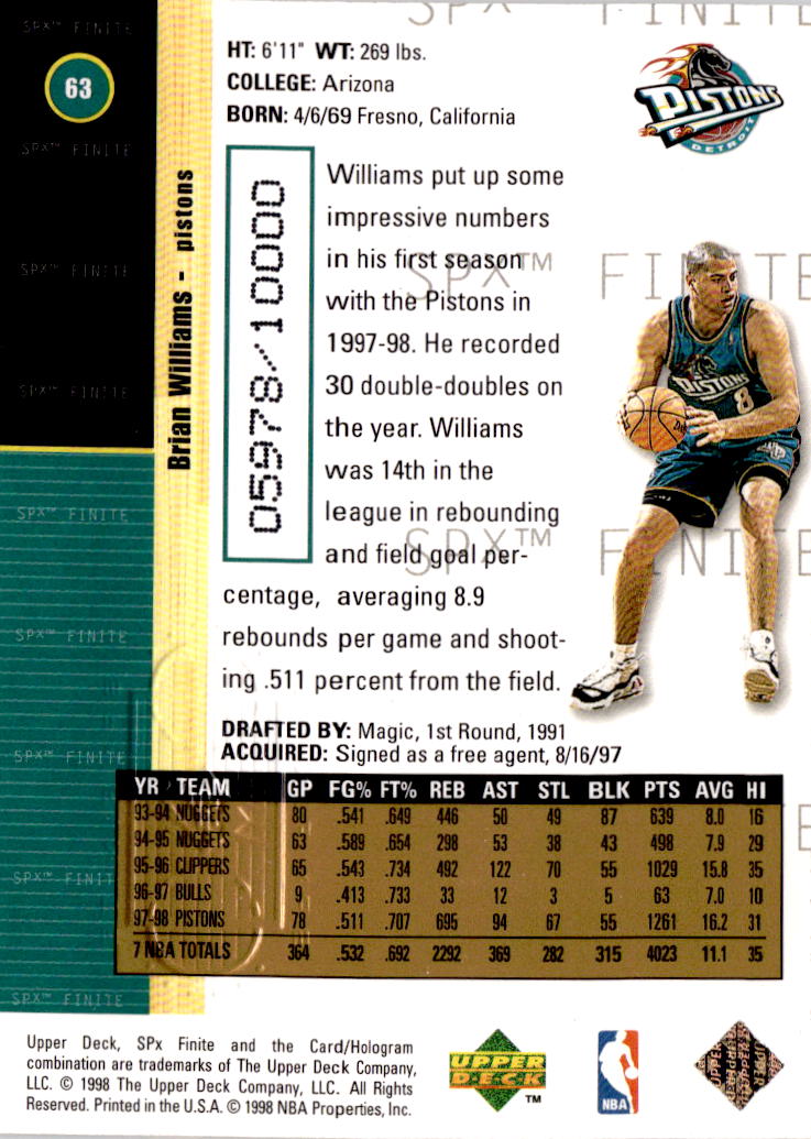 1998-99 SPx Finite #63 Brian Williams #/10000
