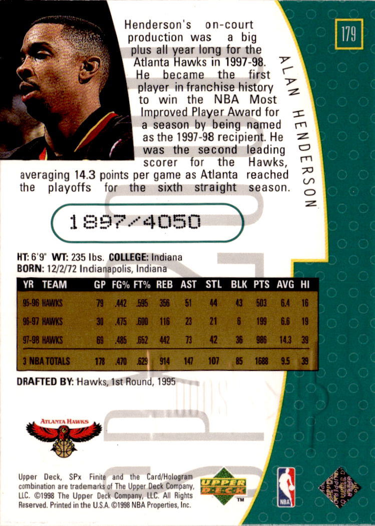 1998-99 SPx Finite #179 Alan Henderson #/4050