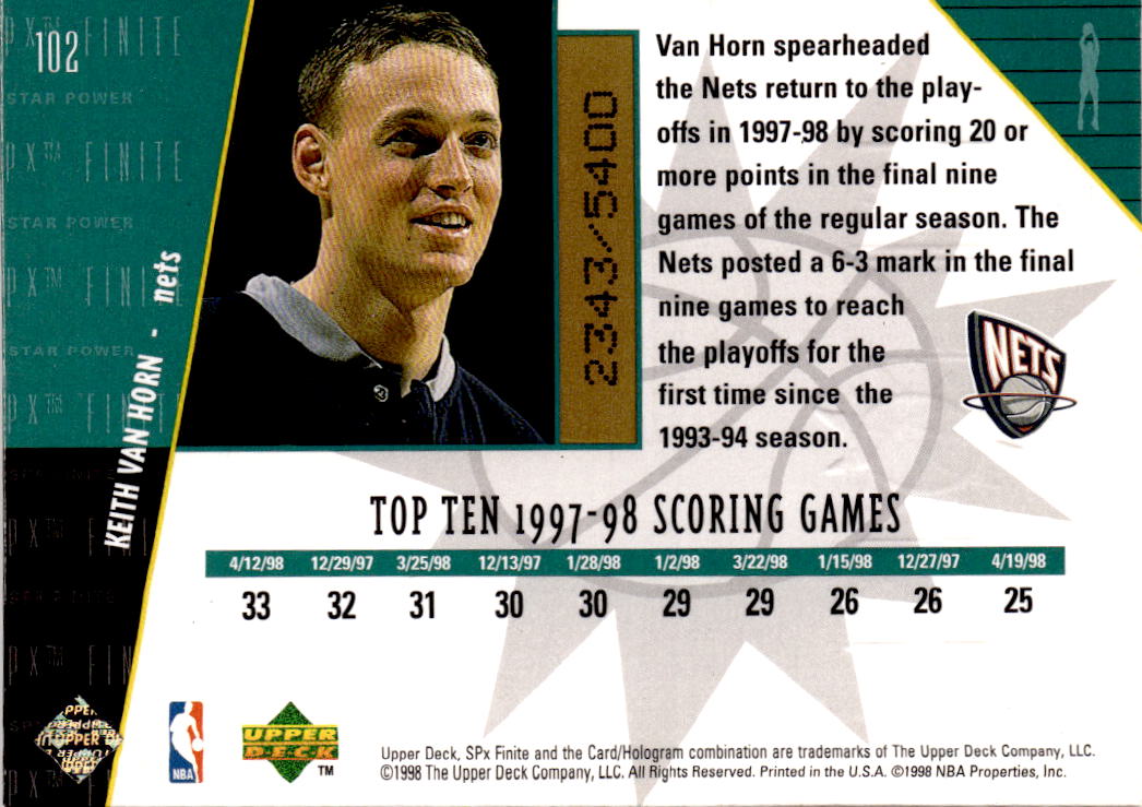1998-99 SPx Finite #102 Keith Van Horn #/5400