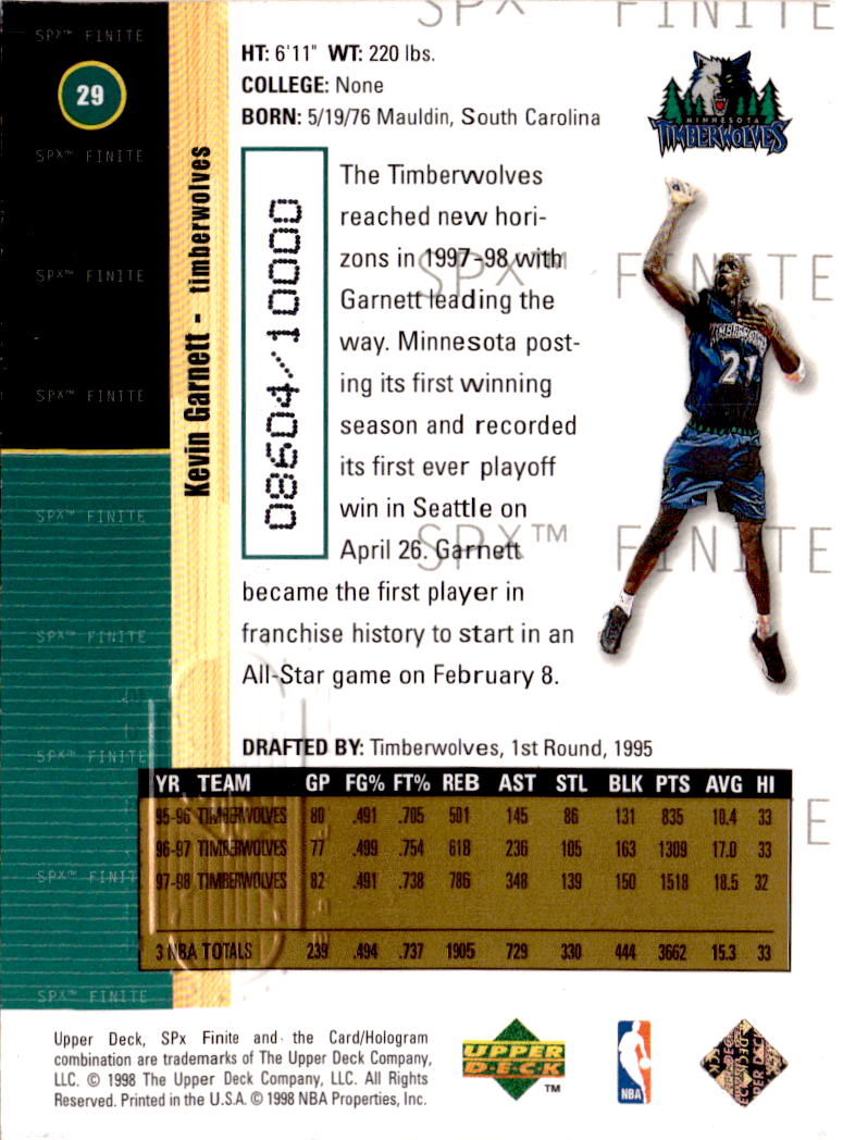 1998-99 SPx Finite #29 Kevin Garnett #/10000