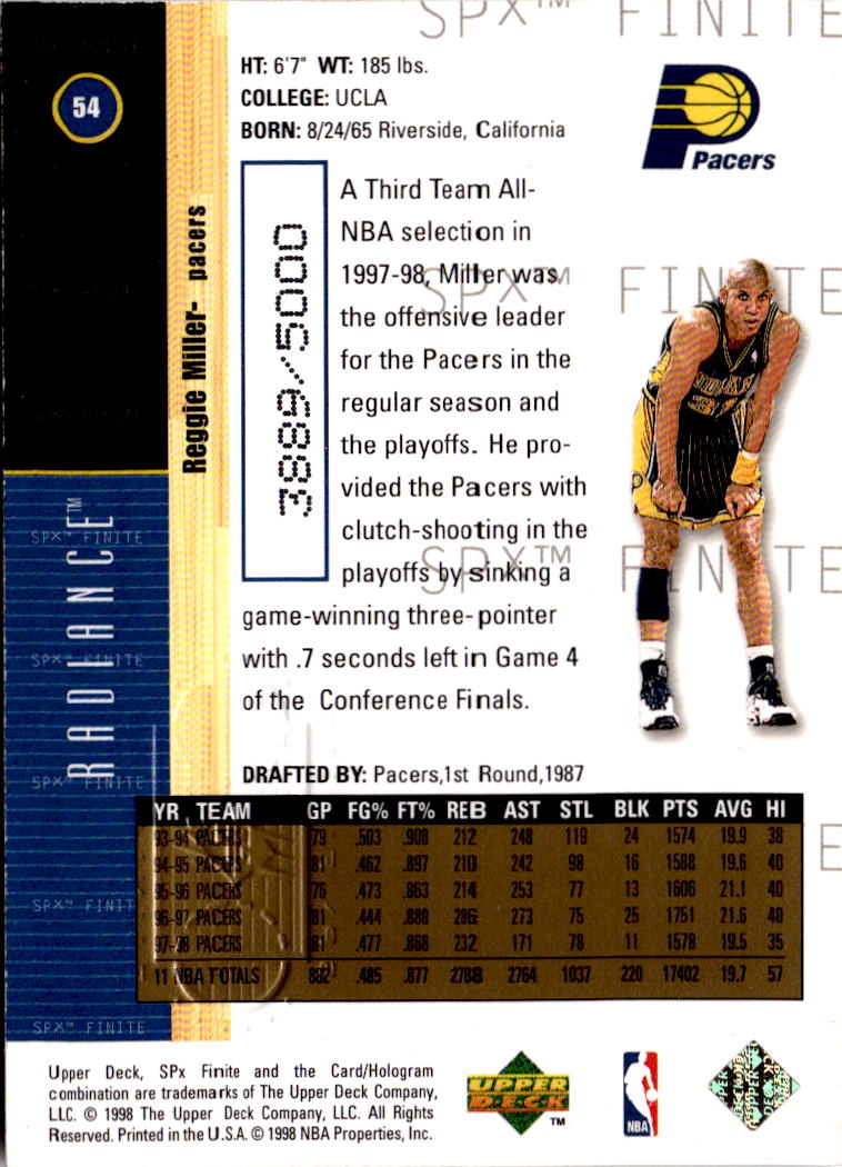 1998-99 SPx Finite #54 Reggie Miller Radiance #/5000