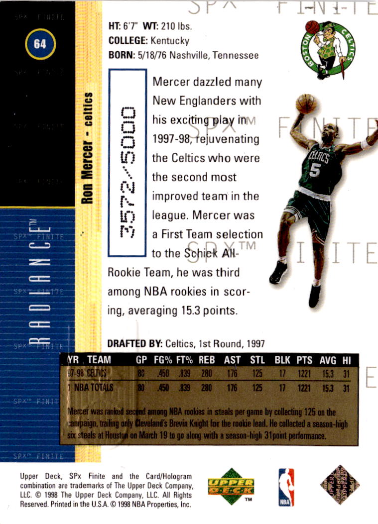 1998-99 SPx Finite #64 Ron Mercer Radiance #/5000