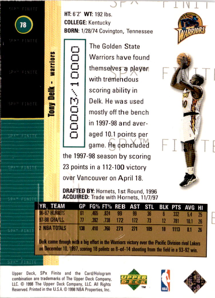 1998-99 SPx Finite #78 Tony Delk #/10000