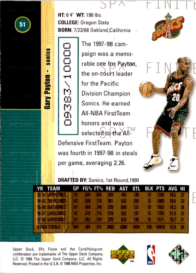 1998-99 SPx Finite #51 Gary Payton #/10000