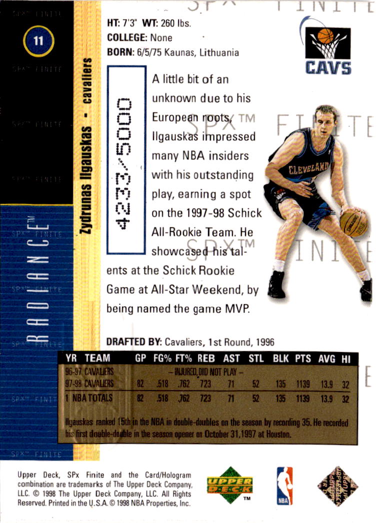 1998-99 SPx Finite #11 Zydrunas Ilgauskas Radiance #/5000