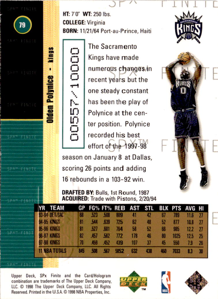 1998-99 SPx Finite #79 Olden Polynice #/10000