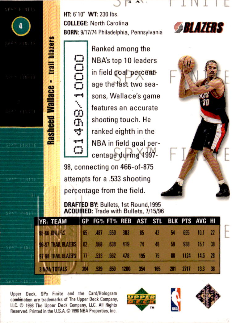 1998-99 SPx Finite #4 Rasheed Wallace #/10000