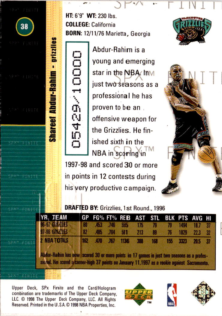 1998-99 SPx Finite #38 Shareef Abdur-Rahim #/10000