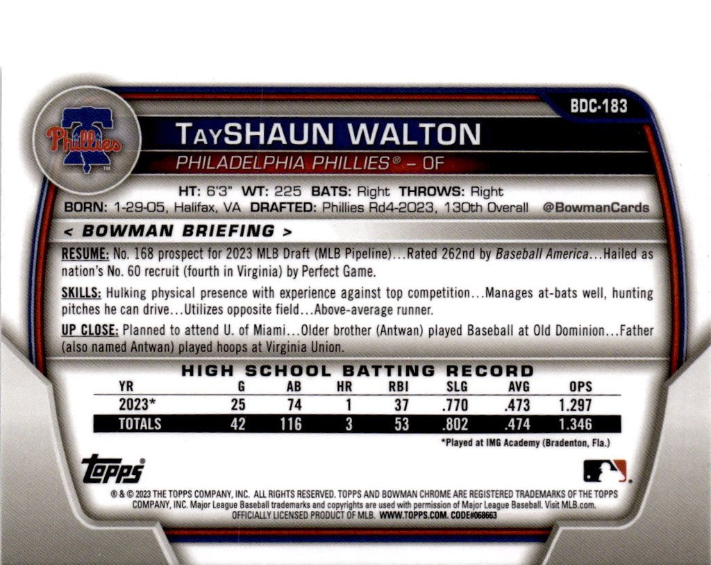 2023 Bowman Draft #BDC-183 TayShaun Walton Chrome Refractor