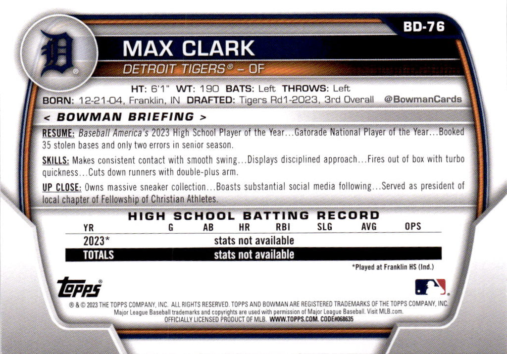 2023 Bowman Draft #BD-76 Max Clark
