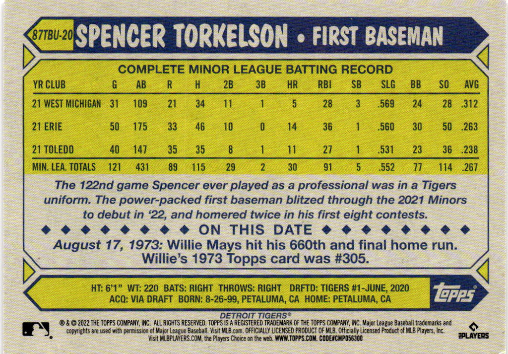 2022 Topps Update Spencer Torkelson 1987 Topps Baseball 35th Anniversary