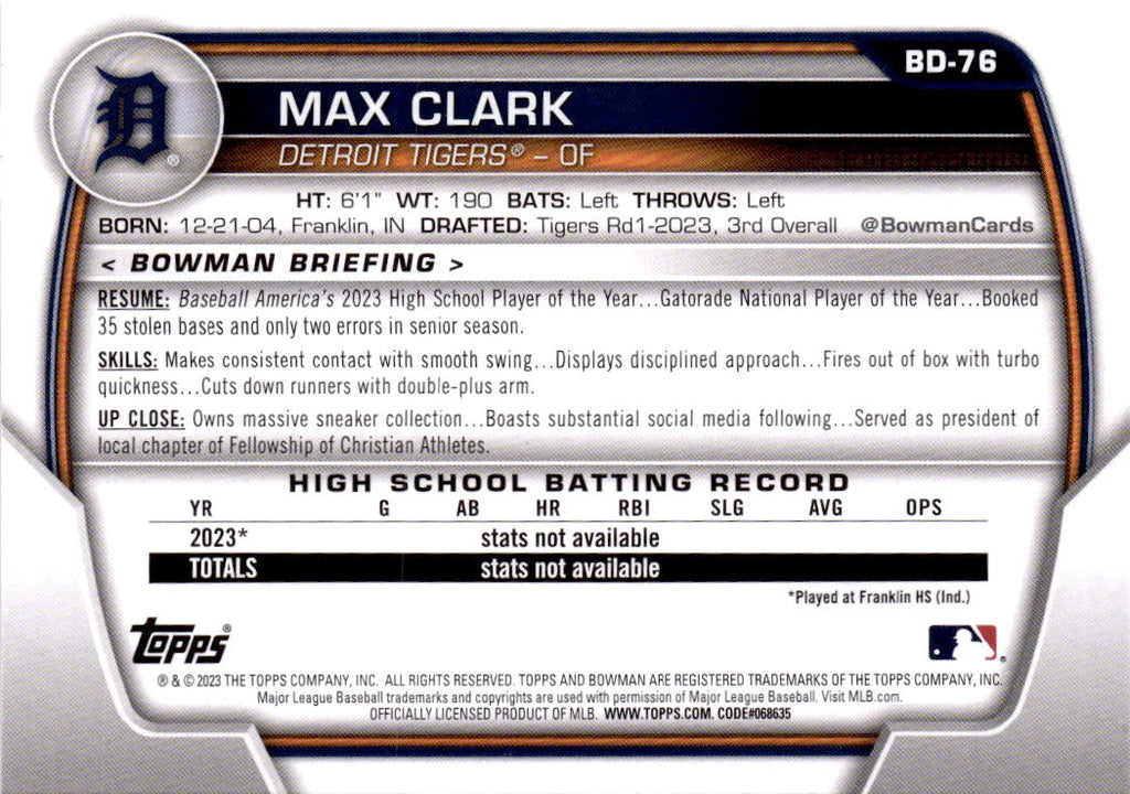 2023 Bowman Draft #BD-76 Max Clark