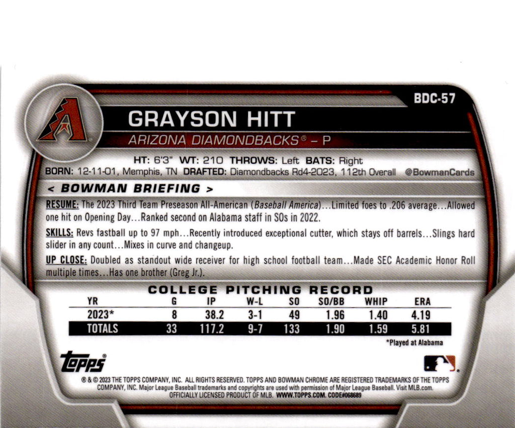 2023 Bowman Draft #BDC-57 Grayson Hitt Chrome Lunar Glow Refractor