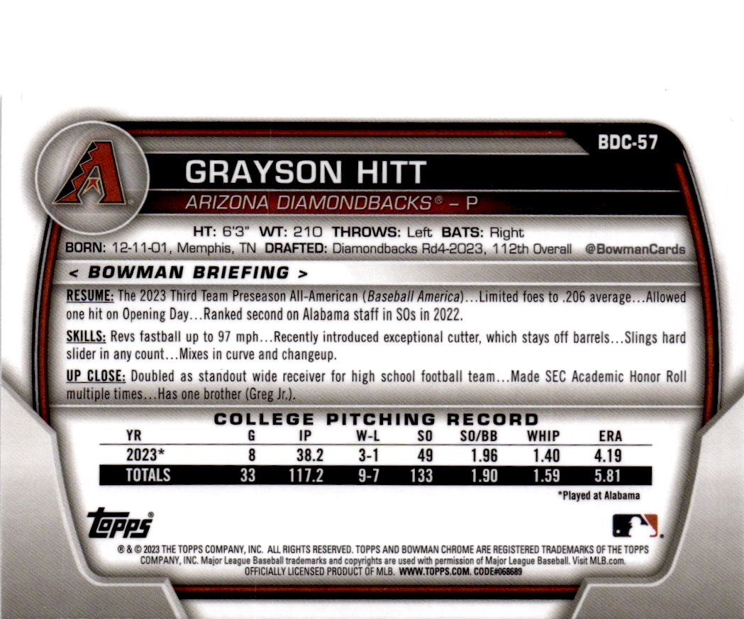 2023 Bowman Draft #BDC-57 Grayson Hitt Chrome Lunar Glow Refractor
