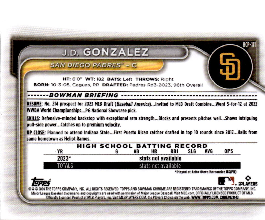 2024 Bowman #BCP-111 J.D. Gonzalez Chrome Prospects