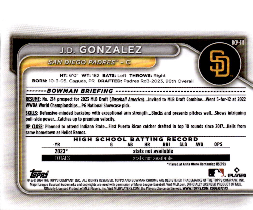 2024 Bowman #BCP-111 J.D. Gonzalez Chrome Prospects