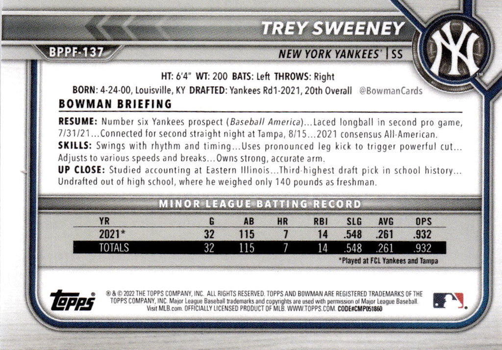 2022 Bowman 1st Edition #BPPF-137 Trey Sweeney