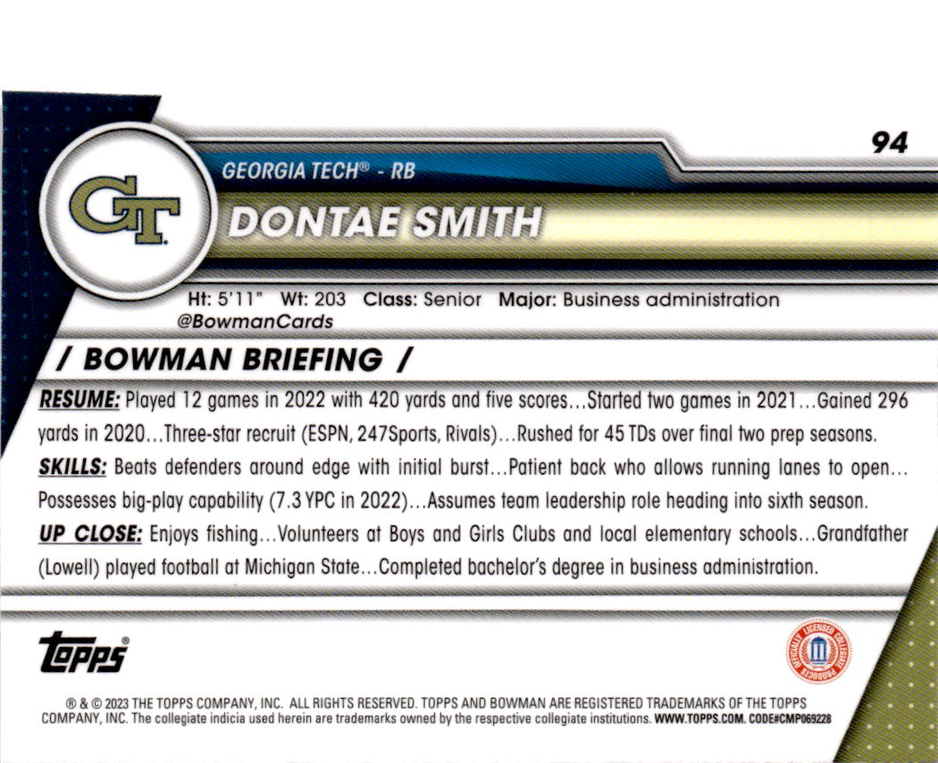 2023 Bowman University Chrome Sapphire Edition #94 Dontae Smith