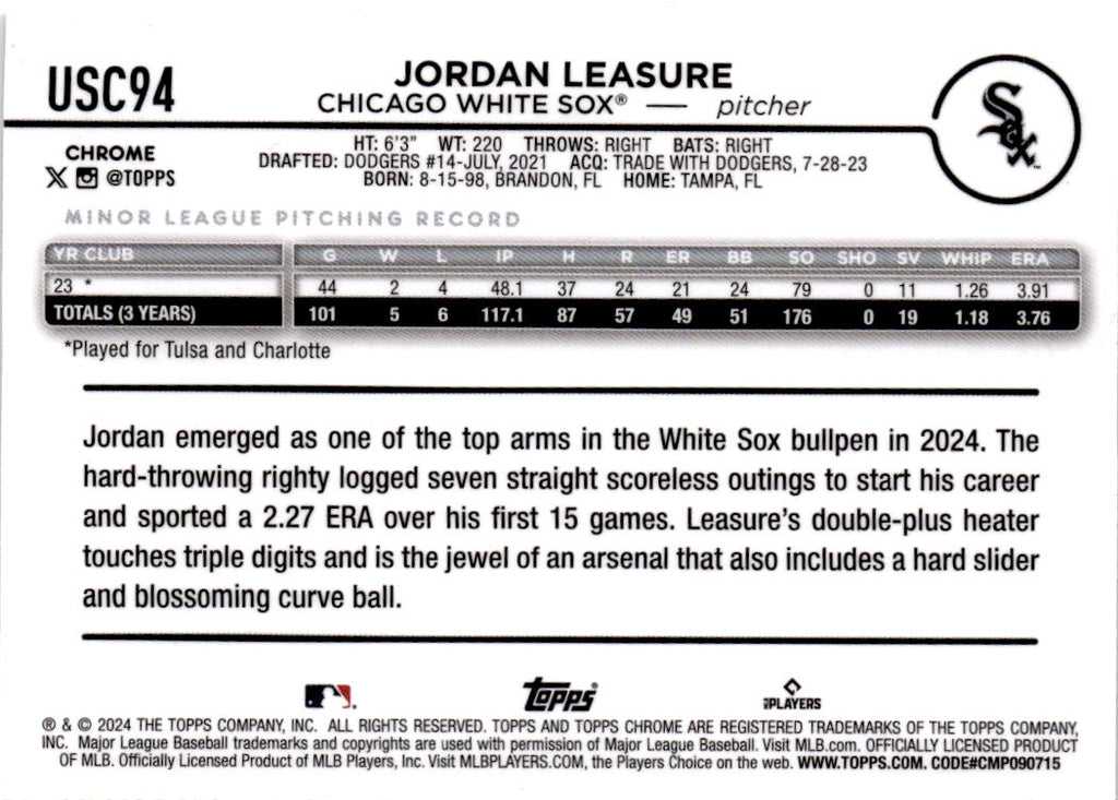 2024 Topps Chrome Update #USC94 Jordan Leasure Green Refractors #/99