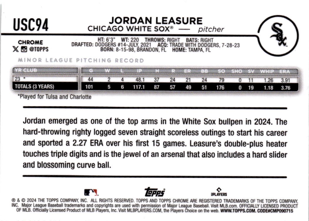 2024 Topps Chrome Update #USC94 Jordan Leasure Green Refractors #/99