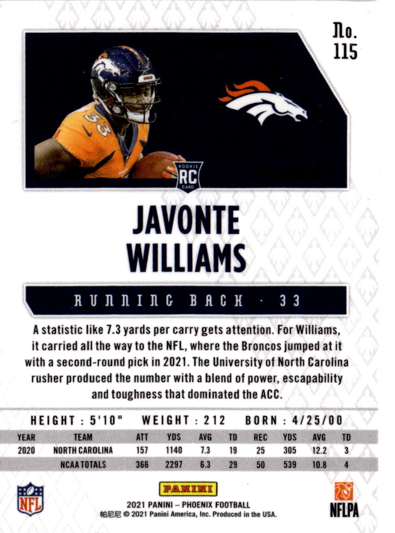 2021 Panini Phoenix #115 Javonte Williams Fire Burst