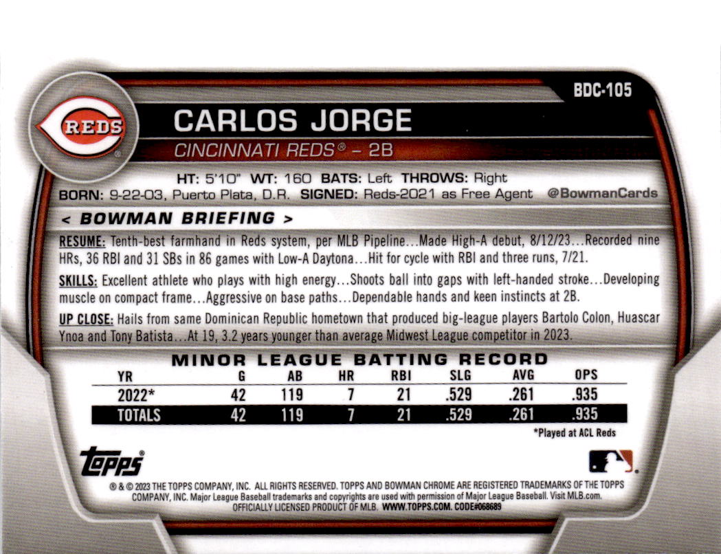 2023 Bowman Draft #BD-105 Carlos Jorge Sky Blue #/499