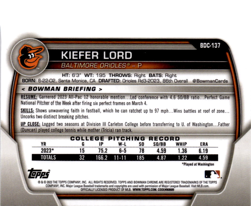 2023 Bowman Draft #BDC-137 Kiefer Lord Chrome Sky Blue Refractor