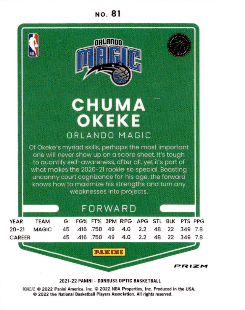 2021-22 Donruss Optic #81 Chuma Okeke Blue Velocity