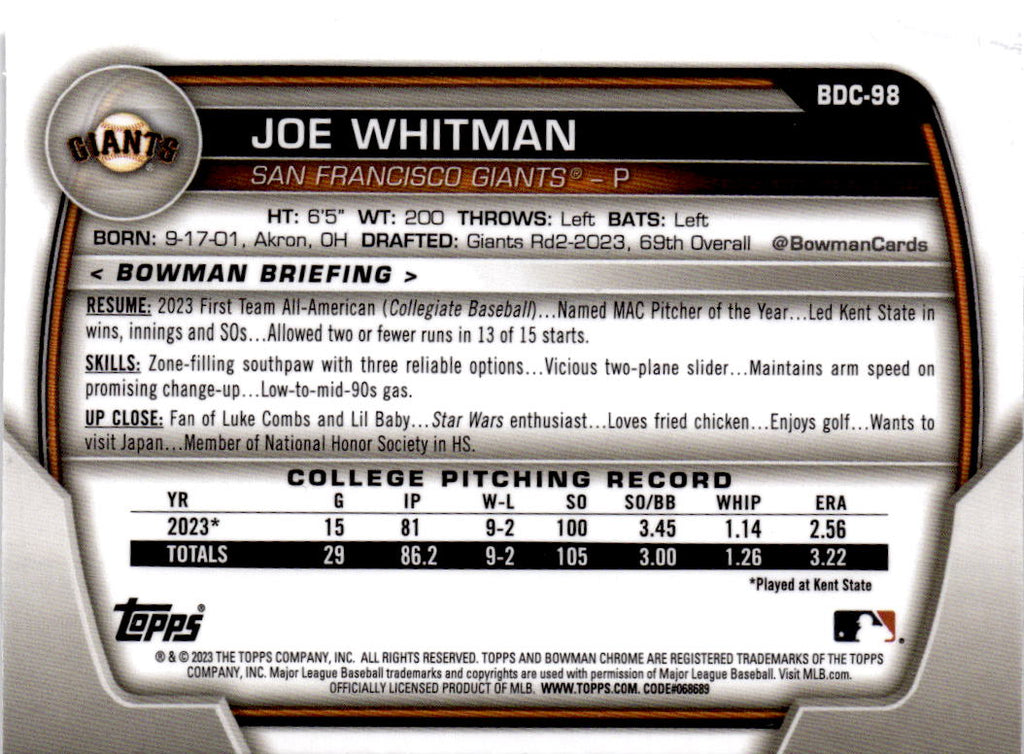 2023 Bowman Draft #BDC-98 Joe Whitman Chrome Aqua Lunar Crater Refractor #/125