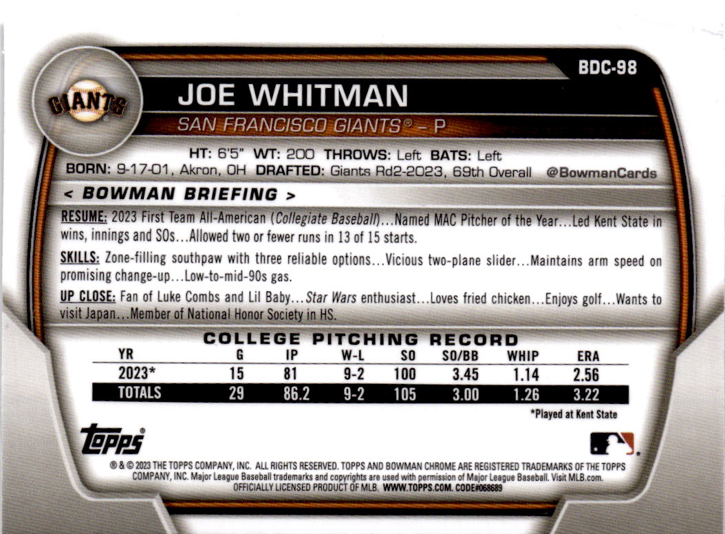 2023 Bowman Draft #BDC-98 Joe Whitman Chrome Aqua Lunar Crater Refractor #/125