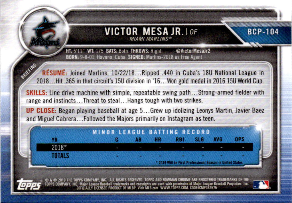 2019 Bowman #BCP-104 Victor Mesa Jr. Chrome Prospects