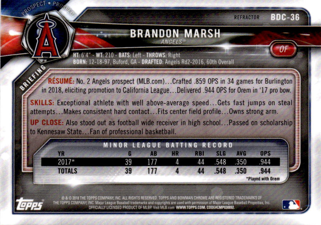2018 Bowman Draft #BDC-36 Brandon Marsh Chrome Refractors