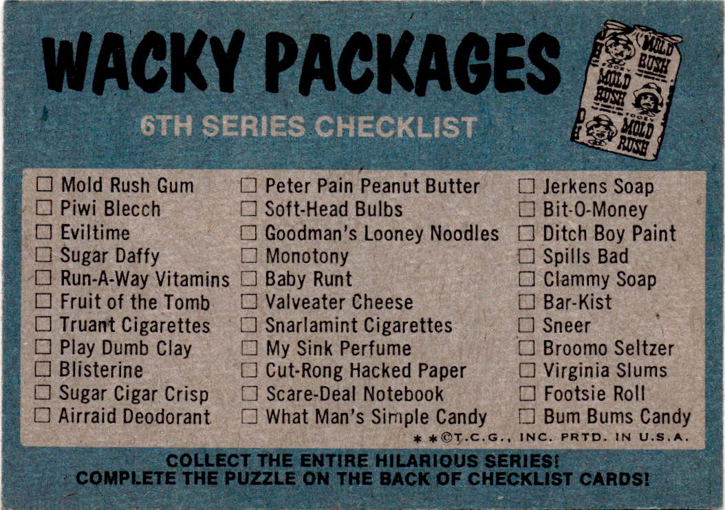 1974 Topps Wacky Packages 6th Series  Checklist Mold Rush Gum Puzzle Checklists