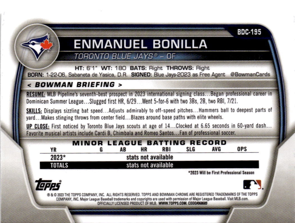 2023 Bowman Draft #BDC-195 Enmanuel Bonilla Chrome Green Grass Refractor #/99