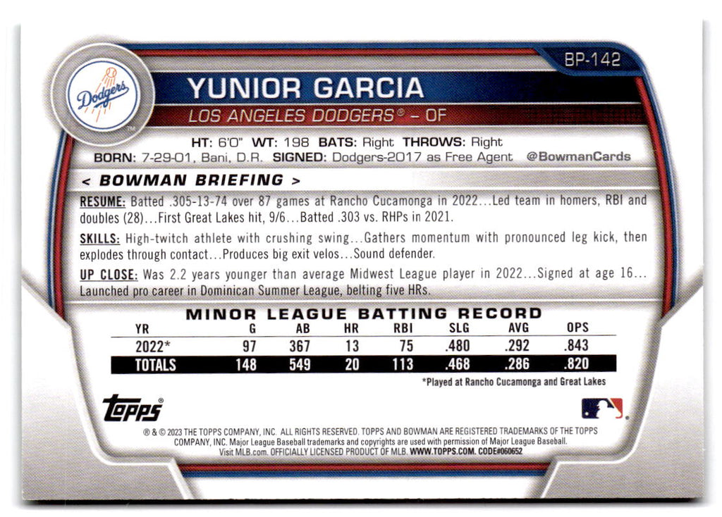 2023 Bowman #BP-142 Yunior Garcia Prospects Green #/99