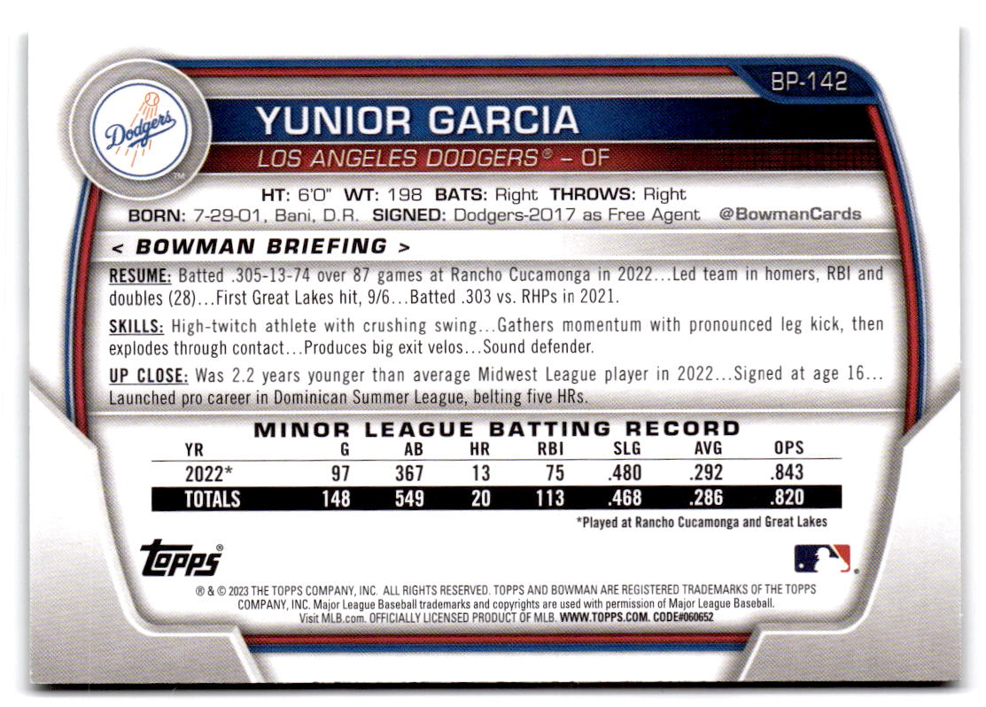 2023 Bowman #BP-142 Yunior Garcia Prospects Green #/99