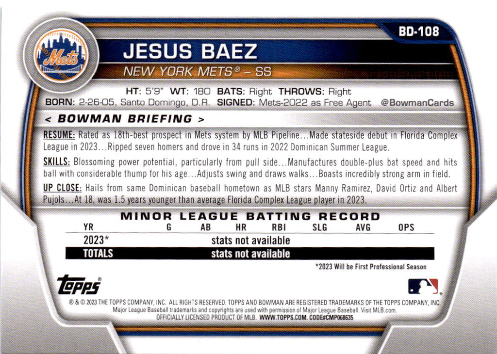 2023 Bowman Draft #BD-108 Jesus Baez Sky Blue #/499