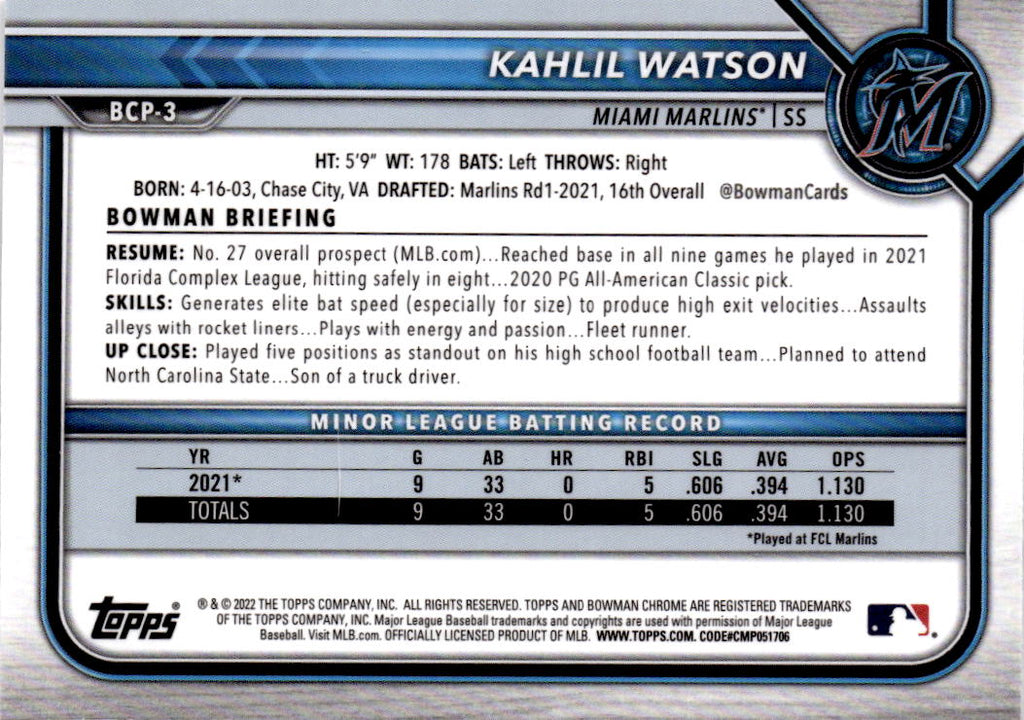 2022 Bowman #BCP-3 Kahlil Watson Chrome Prospects