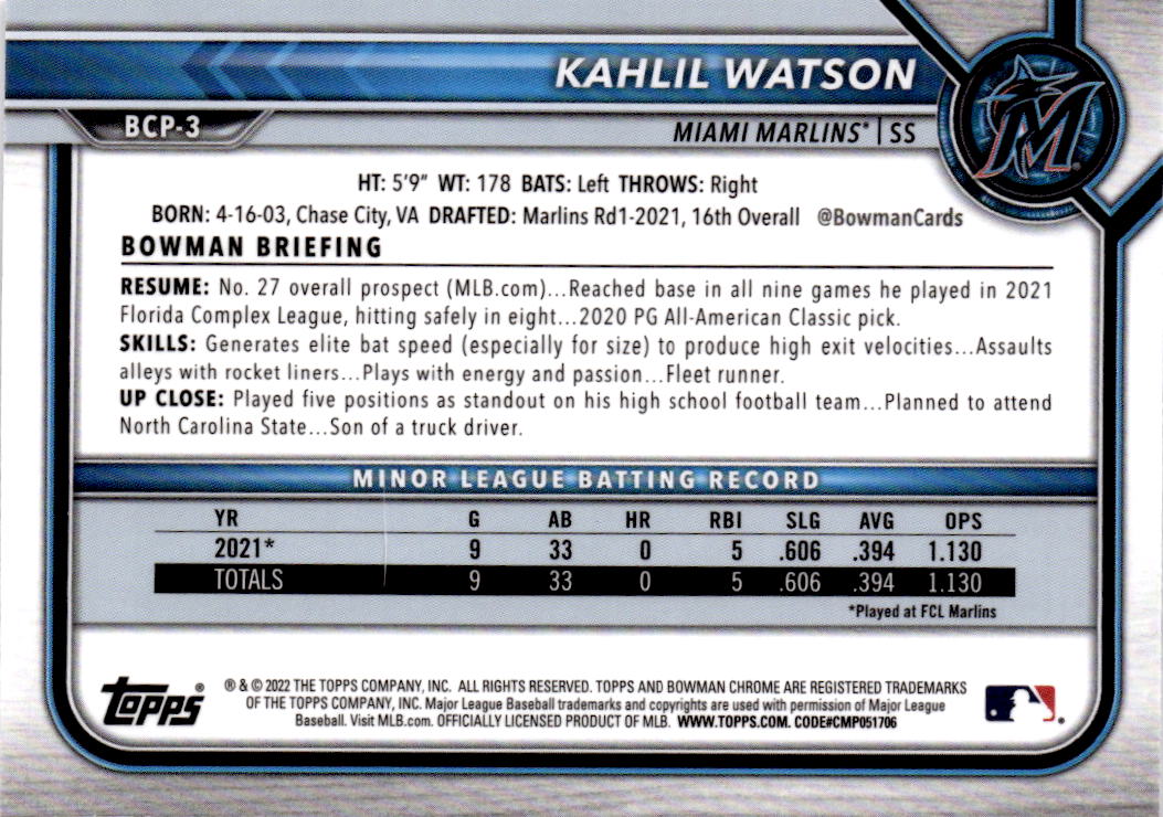 2022 Bowman #BCP-3 Kahlil Watson Chrome Prospects