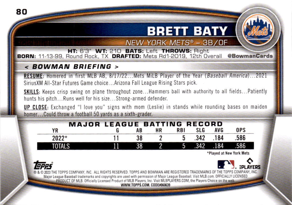 2023 Bowman #80 Brett Baty
